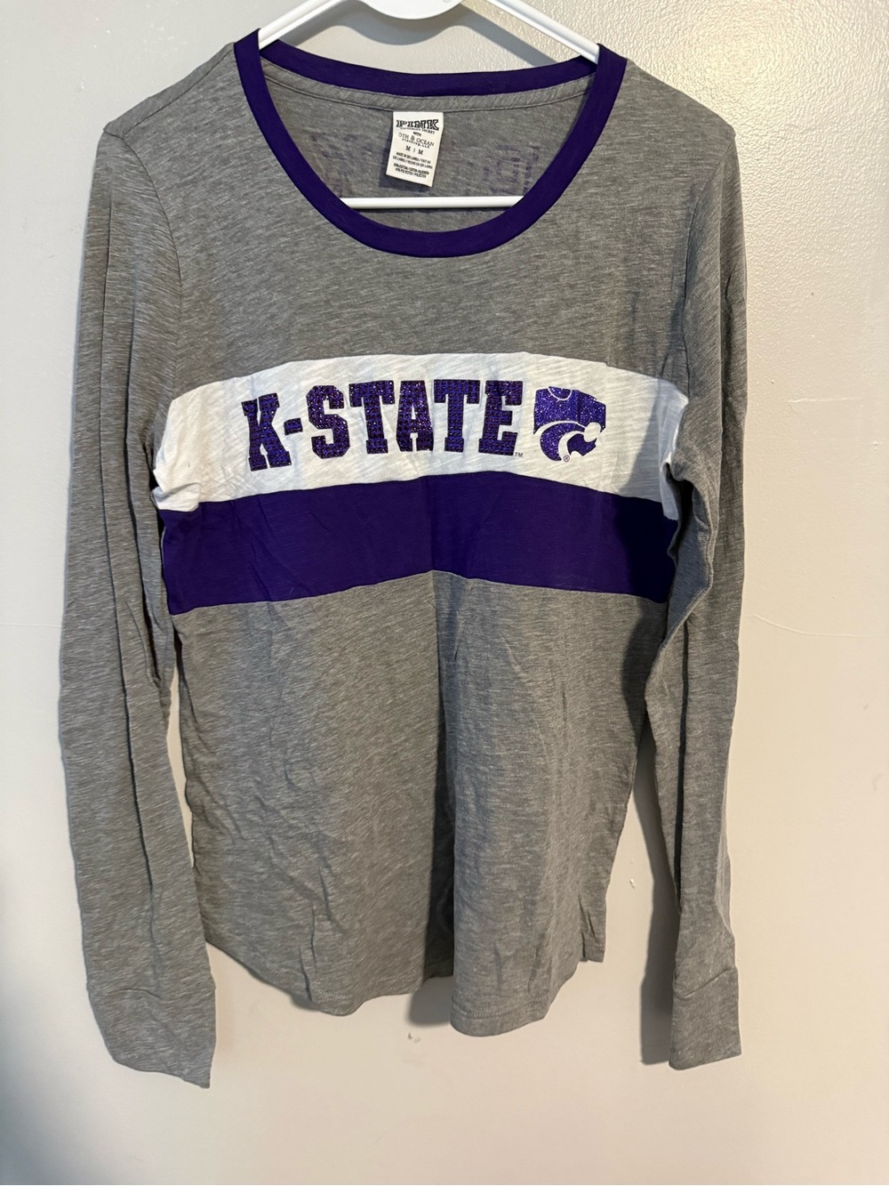 PINK Victoria's Secret Gray Long Sleeve K-State Tee with Purple & White